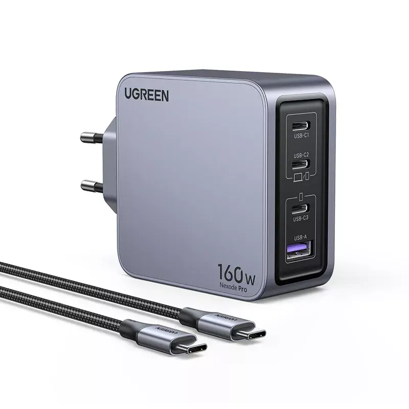 Ugreen Nexode Pro 160W GaN lādētājs ar USB-C kabeli, universāls, melns, pelēks, maiņstrāva, ātrā uzlāde, iekštelpām