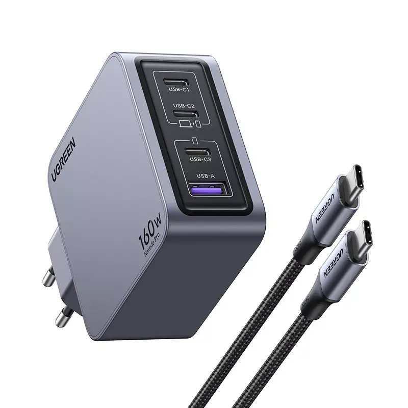 Ugreen Nexode Pro 160W GaN lādētājs ar USB-C kabeli, universāls, melns, pelēks, maiņstrāva, ātrā uzlāde, iekštelpām