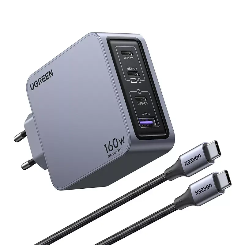 Ugreen Nexode Pro 160W GaN lādētājs ar USB-C kabeli, universāls, melns, pelēks, maiņstrāva, ātrā uzlāde, iekštelpām