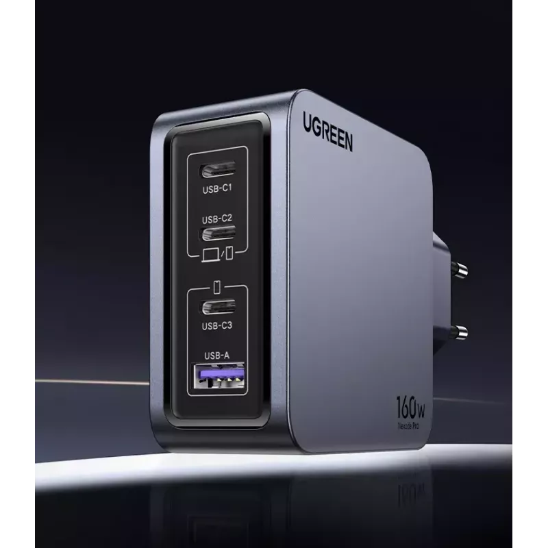 Ugreen Nexode Pro 160W GaN lādētājs ar USB-C kabeli, universāls, melns, pelēks, maiņstrāva, ātrā uzlāde, iekštelpām
