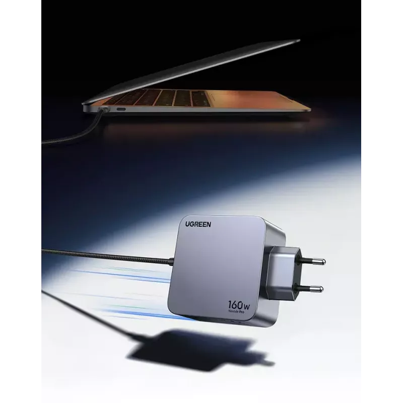 Ugreen Nexode Pro 160W GaN lādētājs ar USB-C kabeli, universāls, melns, pelēks, maiņstrāva, ātrā uzlāde, iekštelpām