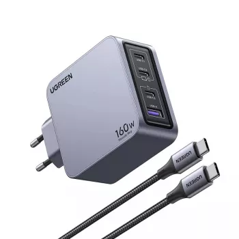 Ugreen Nexode Pro 160W GaN lādētājs ar USB-C kabeli, universāls, melns, pelēks, maiņstrāva, ātrā uzlāde, iekštelpām