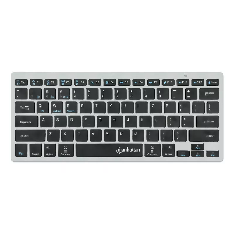 Manhattan Ultra plāns Dual-Mode bezvadu tastatūra, vācu QWERTZ izkārtojums, Bluetooth (v3.0) un bezvadu (2.4 GHz), 78 zema profila šķērveida taustiņi, automātiska enerģijas pārvaldība, darbības rādiuss 10 m, USB-A mikro uztvērējs, AAA baterija (iekļauta), Windows un Mac, trīs gadu garantija