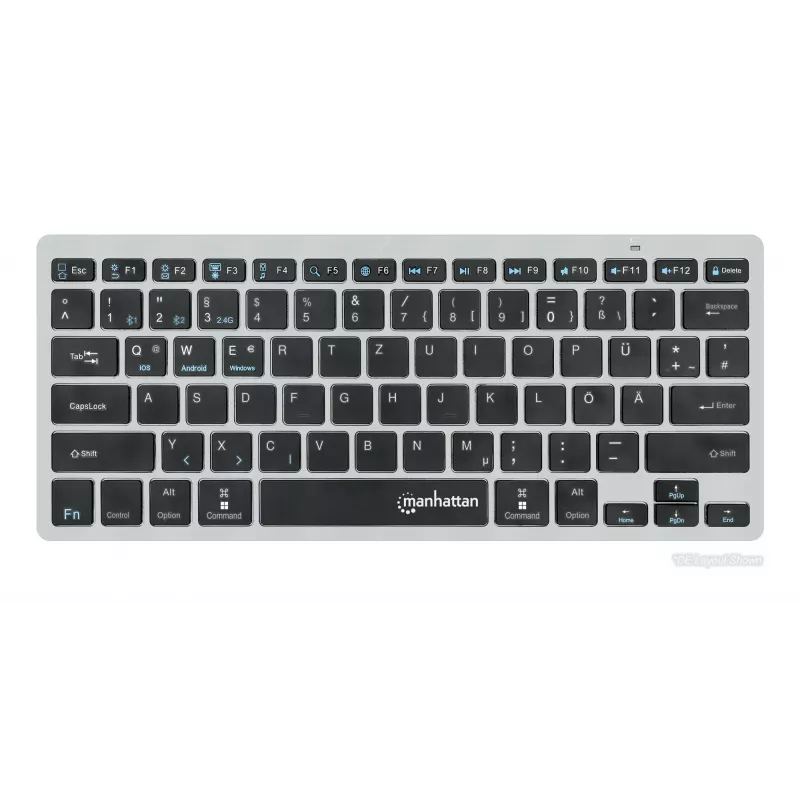 Manhattan Ultra plāns Dual-Mode bezvadu tastatūra, vācu QWERTZ izkārtojums, Bluetooth (v3.0) un bezvadu (2.4 GHz), 78 zema profila šķērveida taustiņi, automātiska enerģijas pārvaldība, darbības rādiuss 10 m, USB-A mikro uztvērējs, AAA baterija (iekļauta), Windows un Mac, trīs gadu garantija