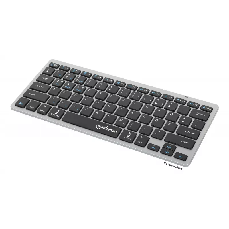 Manhattan Ultra plāns Dual-Mode bezvadu tastatūra, vācu QWERTZ izkārtojums, Bluetooth (v3.0) un bezvadu (2.4 GHz), 78 zema profila šķērveida taustiņi, automātiska enerģijas pārvaldība, darbības rādiuss 10 m, USB-A mikro uztvērējs, AAA baterija (iekļauta), Windows un Mac, trīs gadu garantija