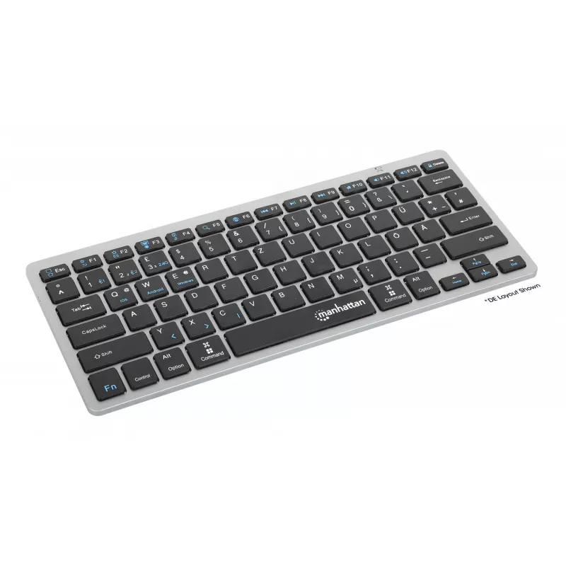 Manhattan Ultra plāns Dual-Mode bezvadu tastatūra, vācu QWERTZ izkārtojums, Bluetooth (v3.0) un bezvadu (2.4 GHz), 78 zema profila šķērveida taustiņi, automātiska enerģijas pārvaldība, darbības rādiuss 10 m, USB-A mikro uztvērējs, AAA baterija (iekļauta), Windows un Mac, trīs gadu garantija