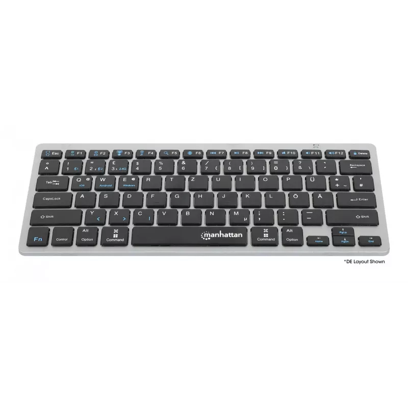 Manhattan Ultra plāns Dual-Mode bezvadu tastatūra, vācu QWERTZ izkārtojums, Bluetooth (v3.0) un bezvadu (2.4 GHz), 78 zema profila šķērveida taustiņi, automātiska enerģijas pārvaldība, darbības rādiuss 10 m, USB-A mikro uztvērējs, AAA baterija (iekļauta), Windows un Mac, trīs gadu garantija