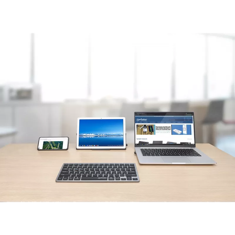 Manhattan Ultra plāns Dual-Mode bezvadu tastatūra, vācu QWERTZ izkārtojums, Bluetooth (v3.0) un bezvadu (2.4 GHz), 78 zema profila šķērveida taustiņi, automātiska enerģijas pārvaldība, darbības rādiuss 10 m, USB-A mikro uztvērējs, AAA baterija (iekļauta), Windows un Mac, trīs gadu garantija