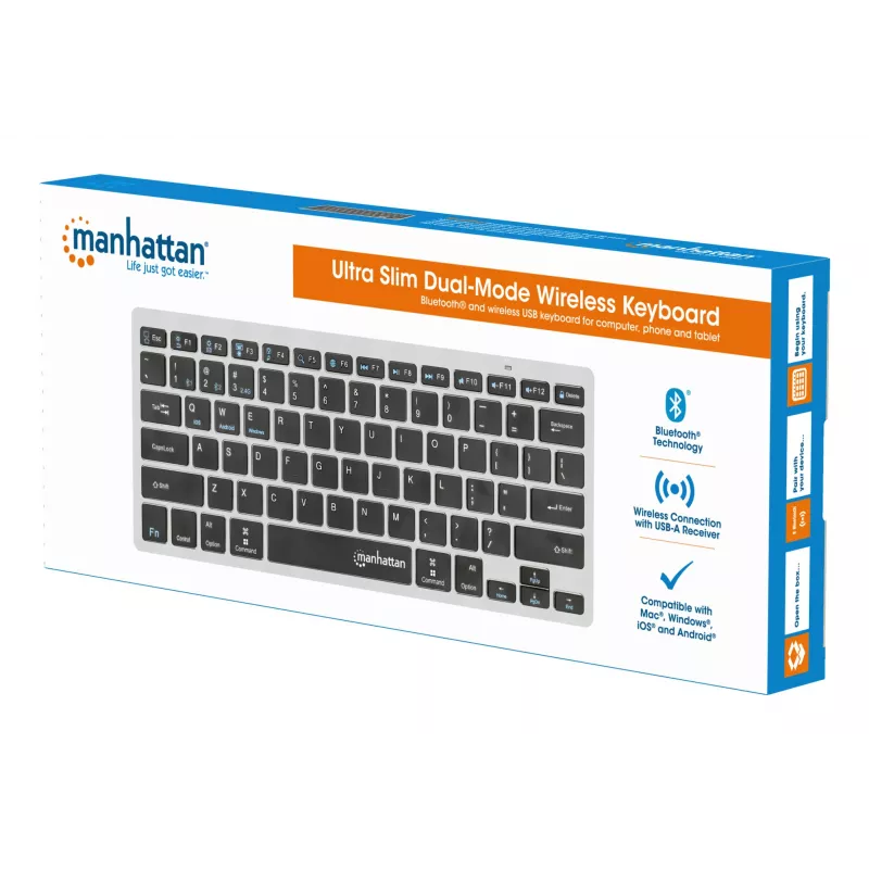 Manhattan Ultra plāns Dual-Mode bezvadu tastatūra, vācu QWERTZ izkārtojums, Bluetooth (v3.0) un bezvadu (2.4 GHz), 78 zema profila šķērveida taustiņi, automātiska enerģijas pārvaldība, darbības rādiuss 10 m, USB-A mikro uztvērējs, AAA baterija (iekļauta), Windows un Mac, trīs gadu garantija