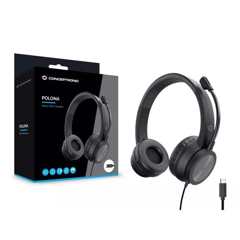 Austiņas CONCEPTRONIC POLONA05BC — Stereo USB-C, trokšņus slāpējošs mikrofons, apļveida, 2 m kabelis, 20–22000 Hz, melnas