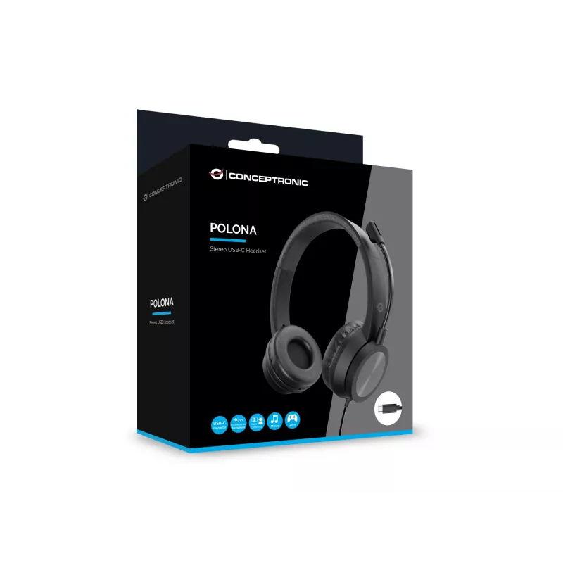 Austiņas CONCEPTRONIC POLONA05BC — Stereo USB-C, trokšņus slāpējošs mikrofons, apļveida, 2 m kabelis, 20–22000 Hz, melnas
