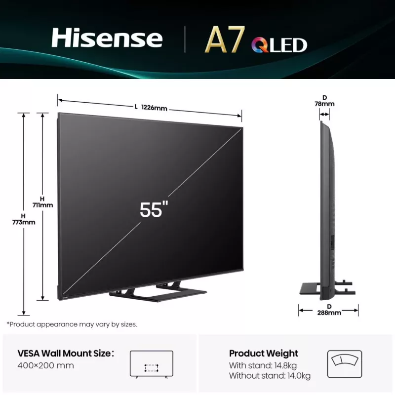 Hisense A7Q 55A7Q 139,7 cm (55 collu) 4K Ultra HD viedais televizors Wi-Fi melns