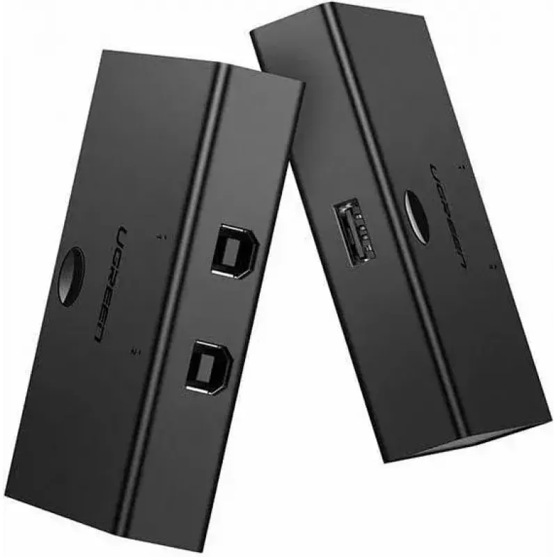 USB koplietošanas slēdzis UGREEN UGR423 2x1 melns — 2 datori uz 1 USB ierīci, manuāla poga