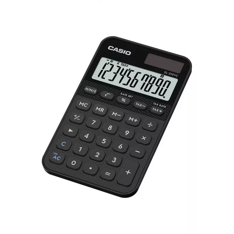 Kalkulators CASIO SL-310YC kabatas, pamata, 10 ciparu, baterija un saules baterija, nodokļu un peļņas funkcijas, melns