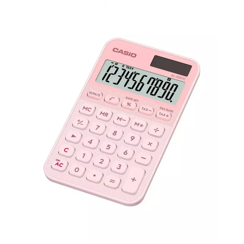 Kompakts kabatas kalkulators CASIO SL-310YC — 10 cipari, baterija/saule, nodokļu un peļņas aprēķins, gaiši rozā