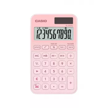 Kompakts kabatas kalkulators CASIO SL-310YC — 10 cipari, baterija/saule, nodokļu un peļņas aprēķins, gaiši rozā