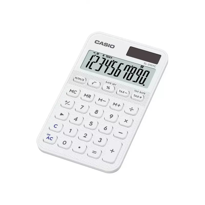 Kalkulators CASIO SL-310YC kabatas pamata, 10 ciparu, baterija/saules, balts