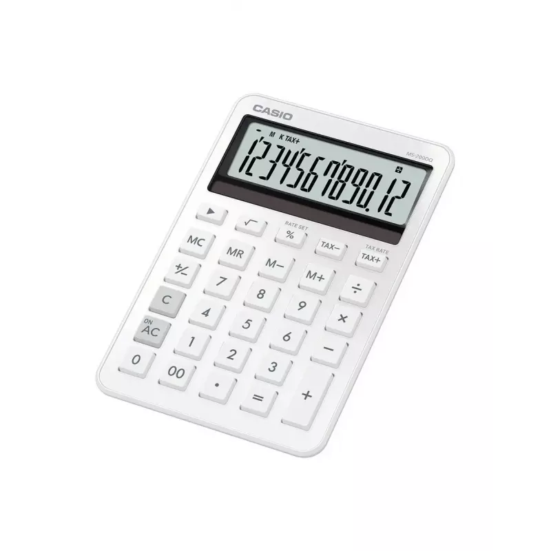 Galda pamatkalkulators CASIO MS-200DQ 12 cipari, baterija/saules enerģija, nodokļu un peļņas funkcijas, balts