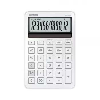 Galda pamatkalkulators CASIO MS-200DQ 12 cipari, baterija/saules enerģija, nodokļu un peļņas funkcijas, balts