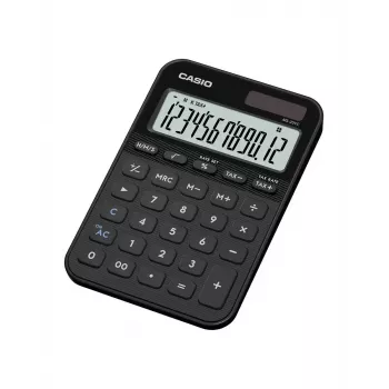 Galda kalkulators CASIO MS-20YC — pamata modelis, baterijas/saules enerģijas darbināms, nodokļu un peļņas aprēķini, melns
