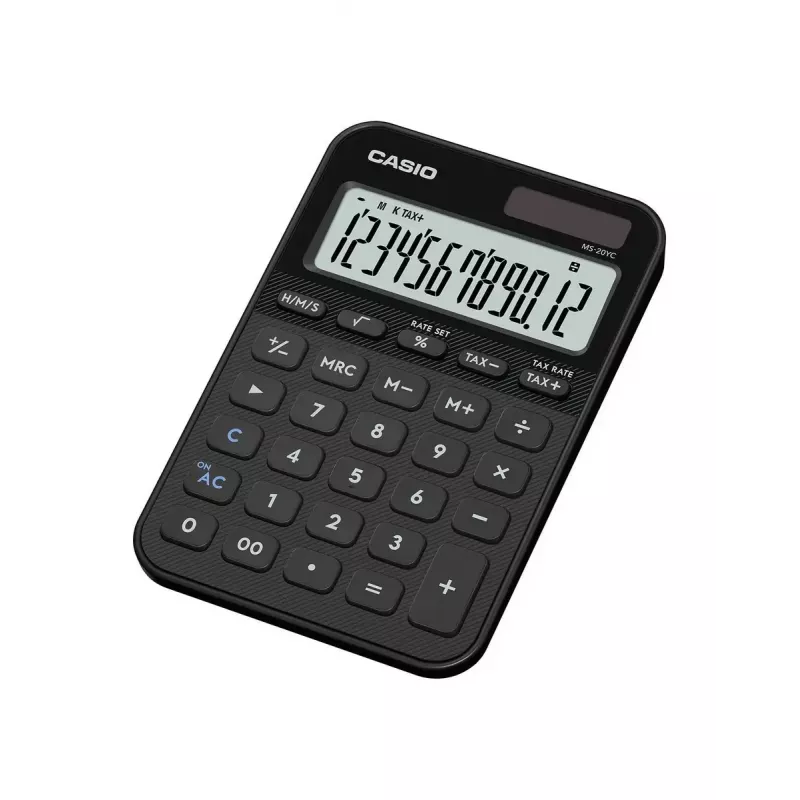 Galda kalkulators CASIO MS-20YC — pamata modelis, baterijas/saules enerģijas darbināms, nodokļu un peļņas aprēķini, melns