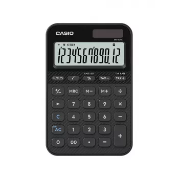 Galda kalkulators CASIO MS-20YC — pamata modelis, baterijas/saules enerģijas darbināms, nodokļu un peļņas aprēķini, melns