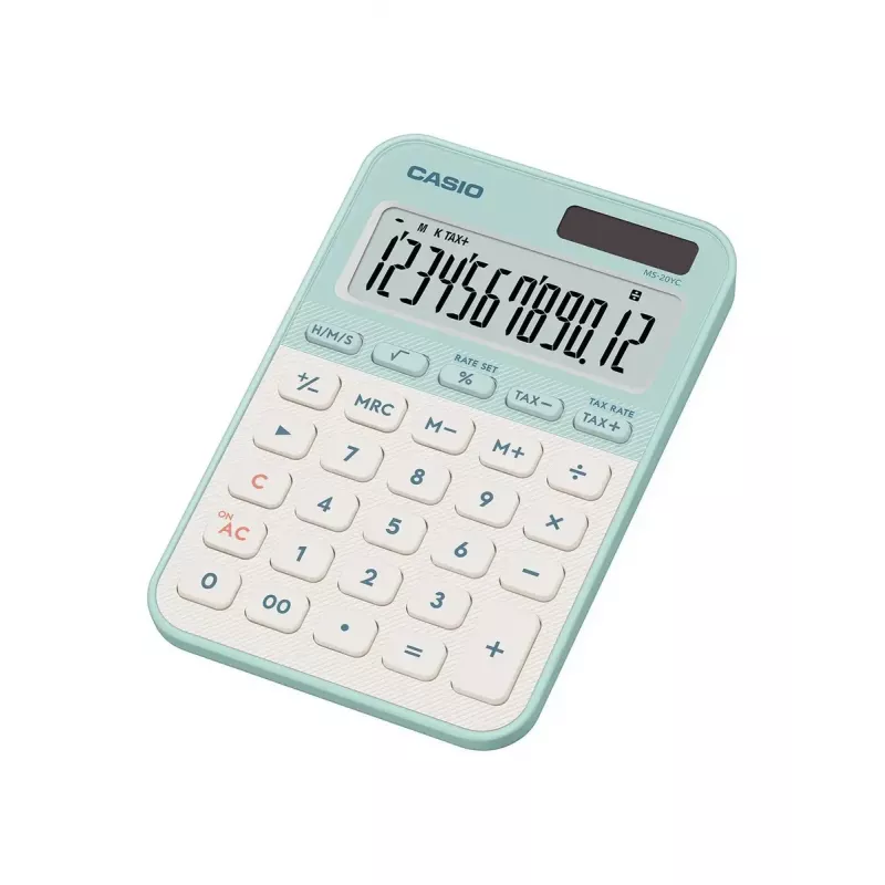 Galda kalkulators CASIO MS-20YC — pamata 12 ciparu, baterija/saules enerģija, nodokļu un peļņas funkcijas, gaiši zaļš