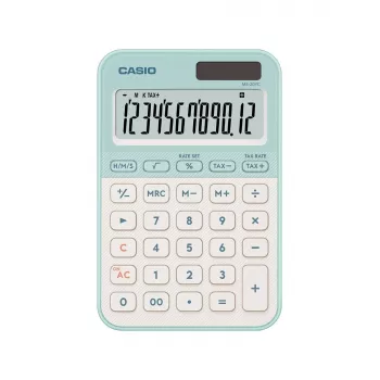 Galda kalkulators CASIO MS-20YC — pamata 12 ciparu, baterija/saules enerģija, nodokļu un peļņas funkcijas, gaiši zaļš