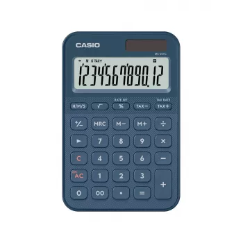 Galda pamata kalkulators CASIO MS-20YC — 12 ciparu, nodokļu un peļņas funkcijas, baterija/saules baterija, tumši zils