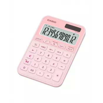 Galda pamatkalkulators CASIO MS-20YC — 12 ciparu, nodokļu un peļņas funkcijas, baterija/saules enerģija, gaiši rozā