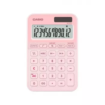 Galda pamatkalkulators CASIO MS-20YC — 12 ciparu, nodokļu un peļņas funkcijas, baterija/saules enerģija, gaiši rozā