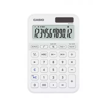 Galda vienkāršais kalkulators CASIO MS-20YC — 12 ciparu, baterija/saules enerģija, nodokļu un peļņas funkcijas, balts