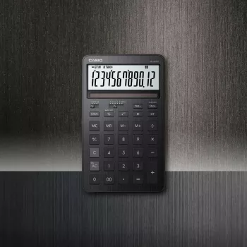 Galda kalkulators CASIO JW-200DQ – Pamata, 12 ciparu, nodokļu un peļņas funkcijas, baterija/saule, melns