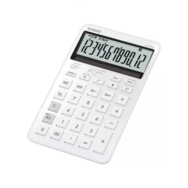 Galda kalkulators CASIO JW-200DQ 12 ciparu pamata kalkulators, baterija/saule, nodokļu un peļņas funkcijas, balts