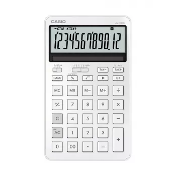 Galda kalkulators CASIO JW-200DQ 12 ciparu pamata kalkulators, baterija/saule, nodokļu un peļņas funkcijas, balts