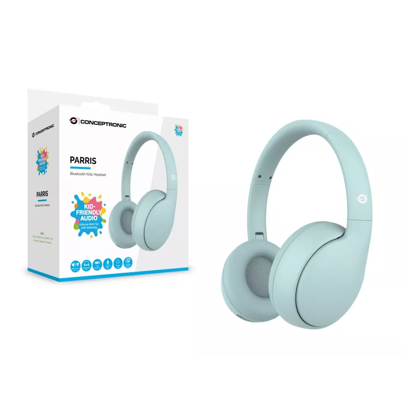 Austiņas CONCEPTRONIC PARRIS04B — Bluetooth un vadu bērnu austiņas, apļveida, 20–20 000 Hz, 170 g, gaiši zilas