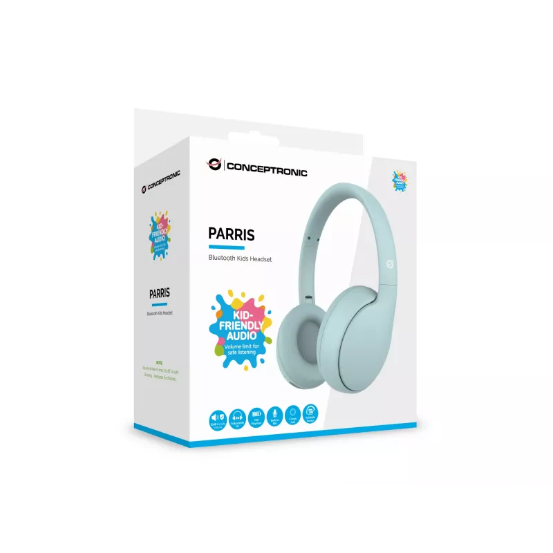 Austiņas CONCEPTRONIC PARRIS04B — Bluetooth un vadu bērnu austiņas, apļveida, 20–20 000 Hz, 170 g, gaiši zilas