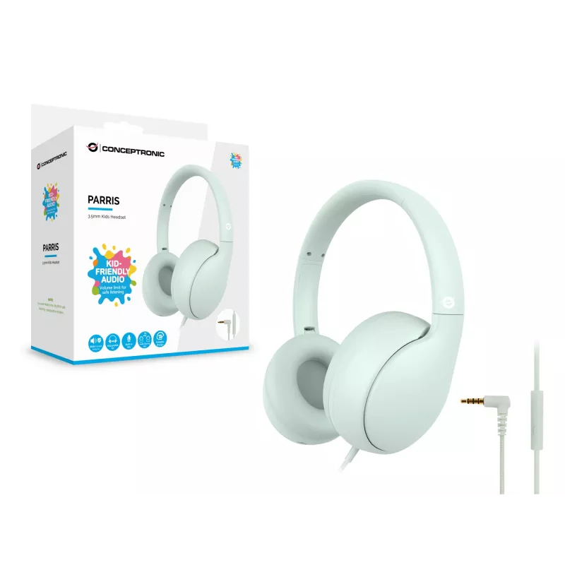 CONCEPTRONIC bērnu vadu austiņas PARRIS04GT — 3,5 mm, apkārtauss, 20–20000 Hz, 1,6 m kabelis, gaiši zaļa
