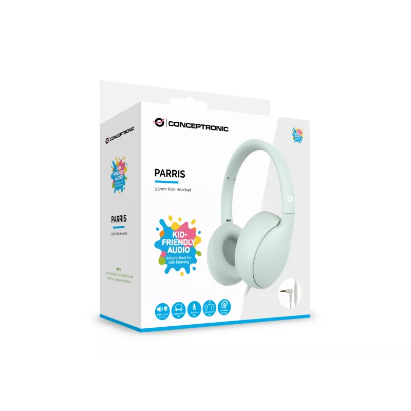 CONCEPTRONIC bērnu vadu austiņas PARRIS04GT — 3,5 mm, apkārtauss, 20–20000 Hz, 1,6 m kabelis, gaiši zaļa