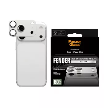 Kameras aizsargs PanzerGlass Fender iPhone 17 Pro — sudraba, silikons, izturīgs pret skrāpējumiem un triecieniem