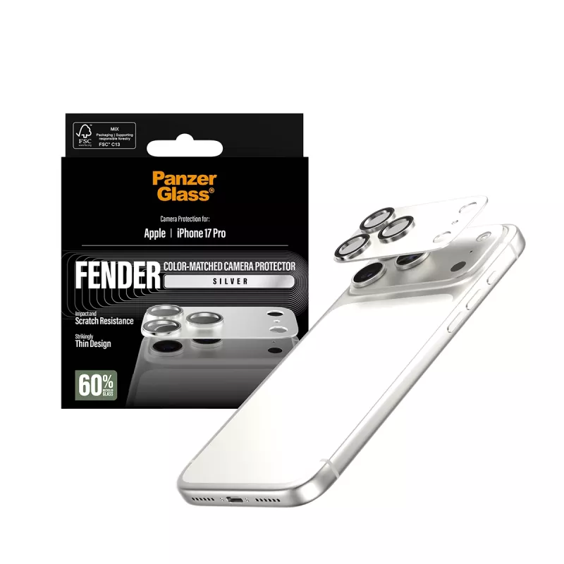 Kameras aizsargs PanzerGlass Fender iPhone 17 Pro — sudraba, silikons, izturīgs pret skrāpējumiem un triecieniem