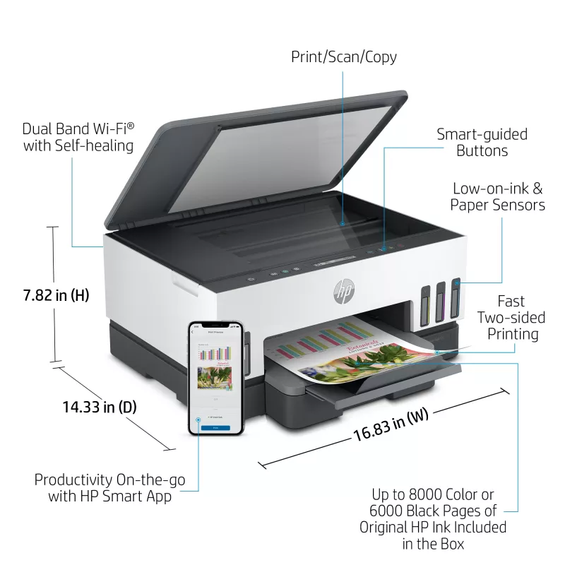 HP Smart Tank printeris, termiskā tintes druka, krāsu druka, 4800 x 1200 DPI, A4, tiešā druka, pelēks