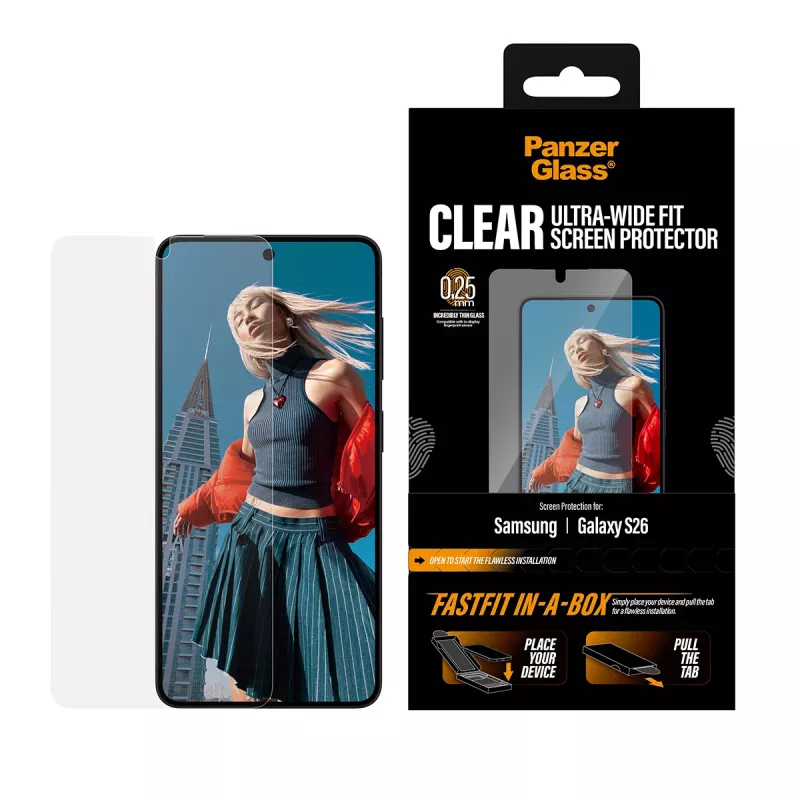 Ekrāna aizsargplēve PanzerGlass Samsung New Galaxy S 2026 — Ultra-Wide Fit, PET+silikons, FASTFIT