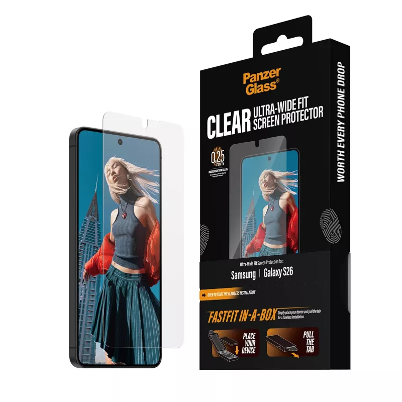 Ekrāna aizsargplēve PanzerGlass Samsung New Galaxy S 2026 — Ultra-Wide Fit, PET+silikons, FASTFIT
