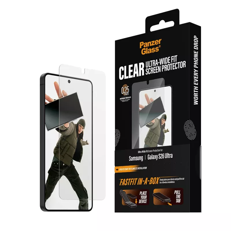 PanzerGlass ekrāna aizsargs Samsung New Galaxy S2026 Ultra — Ultra-plaša PET plēve, FASTFIT, caurspīdīga
