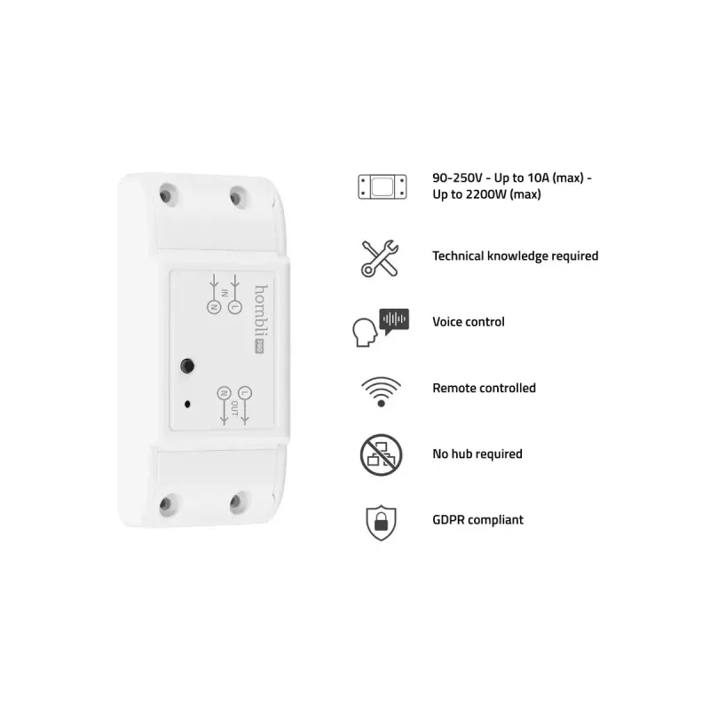 Viedais slēdzis Avanca International BV Hombli Smart Switch 2P bezvadu 230V (90–250V, 50–60Hz), 39×88×24 mm