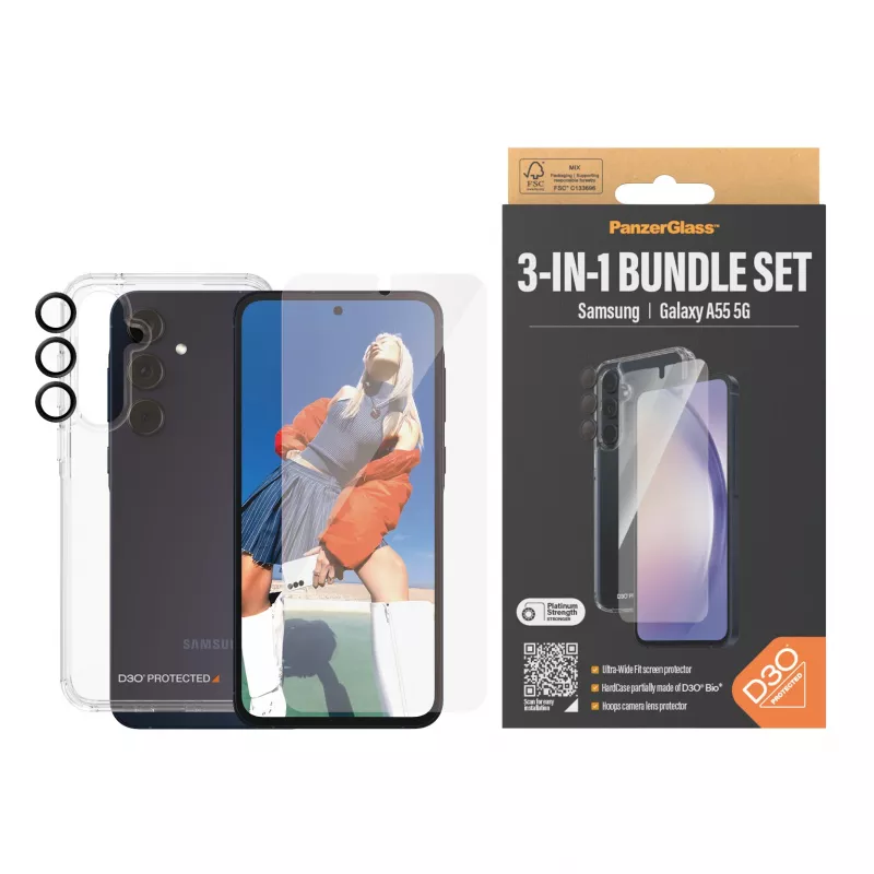 Ekrāna aizsargu komplekts PanzerGlass 3-in-1 Samsung Galaxy A55 5G — Ultra-Wide Fit, EasyAligner, rūdīts stikls/PET