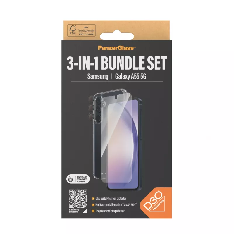 Ekrāna aizsargu komplekts PanzerGlass 3-in-1 Samsung Galaxy A55 5G — Ultra-Wide Fit, EasyAligner, rūdīts stikls/PET