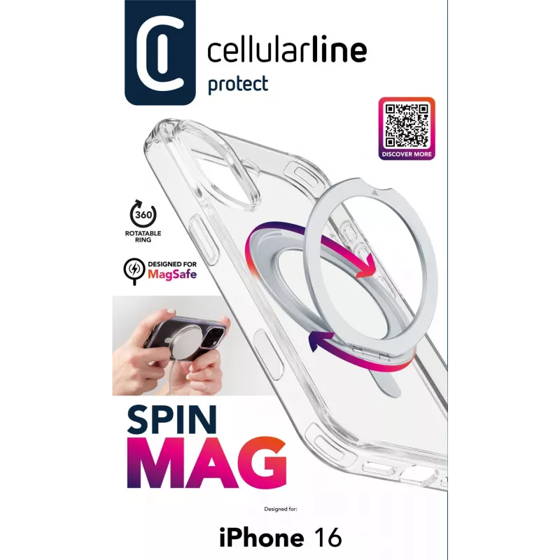 Cellularline Spin Mag - iPhone 16 vāciņš ar rotējošu gredzena turētāju, saderīgs ar MagSafe ekosistēmu