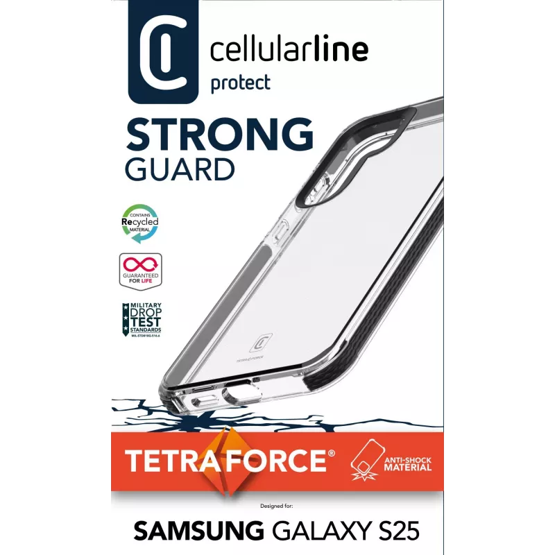 Cellularline Tetra Force Strong Guard - Galaxy S25 Ultra-aizsargājoša, triecienizturīga elastīga maciņa ar integrētu Microban® antibakteriālo tehnoloģiju